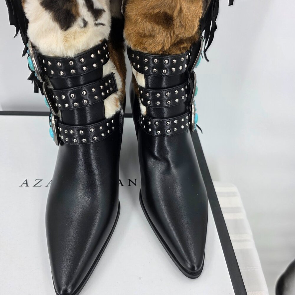 AZALEA WANG Gwayne Cow Print Knee High Fringed Western Boot Buckles 7-11 NWT - Picture 13 of 15
